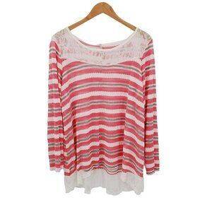 Womens Pink Striped Hi-Low Tunic Top 2X Long Sleeve Scoop Neck‎ Lace Yummy Plus